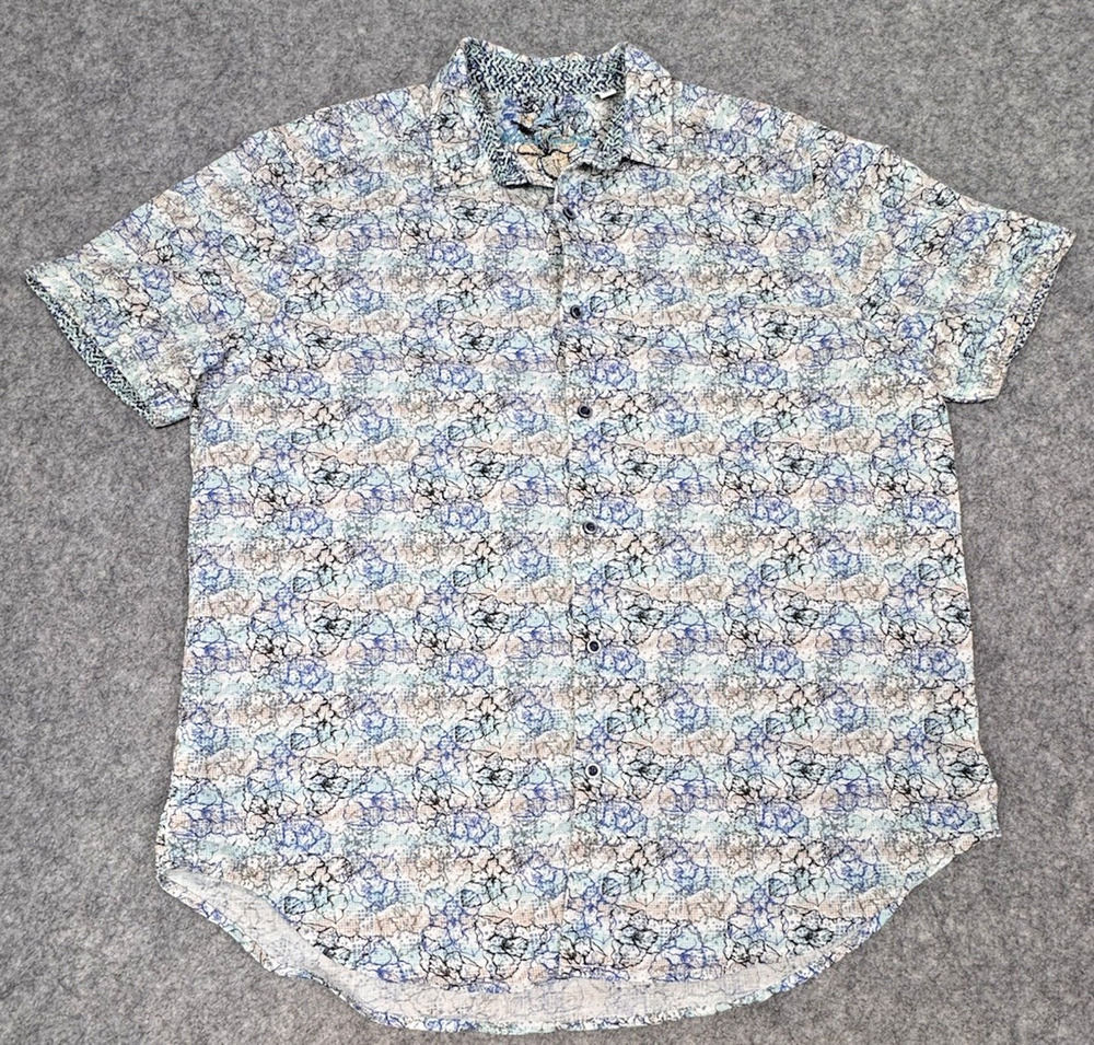 Robert Graham Blue White Abstract Floral Line Art / Line Drawing Size XL